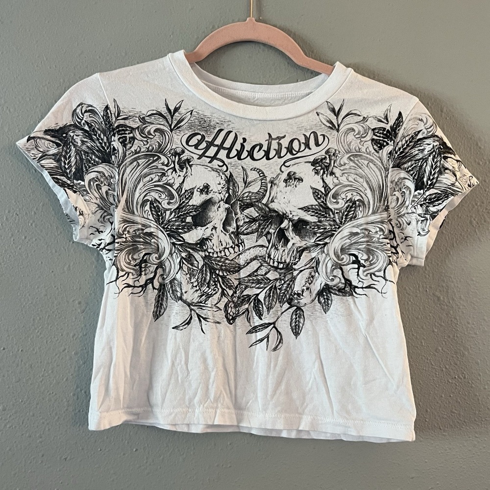Affliction Live Fast White Skull Snake Graphic Cropped T-Shirt Women's M Fits XS